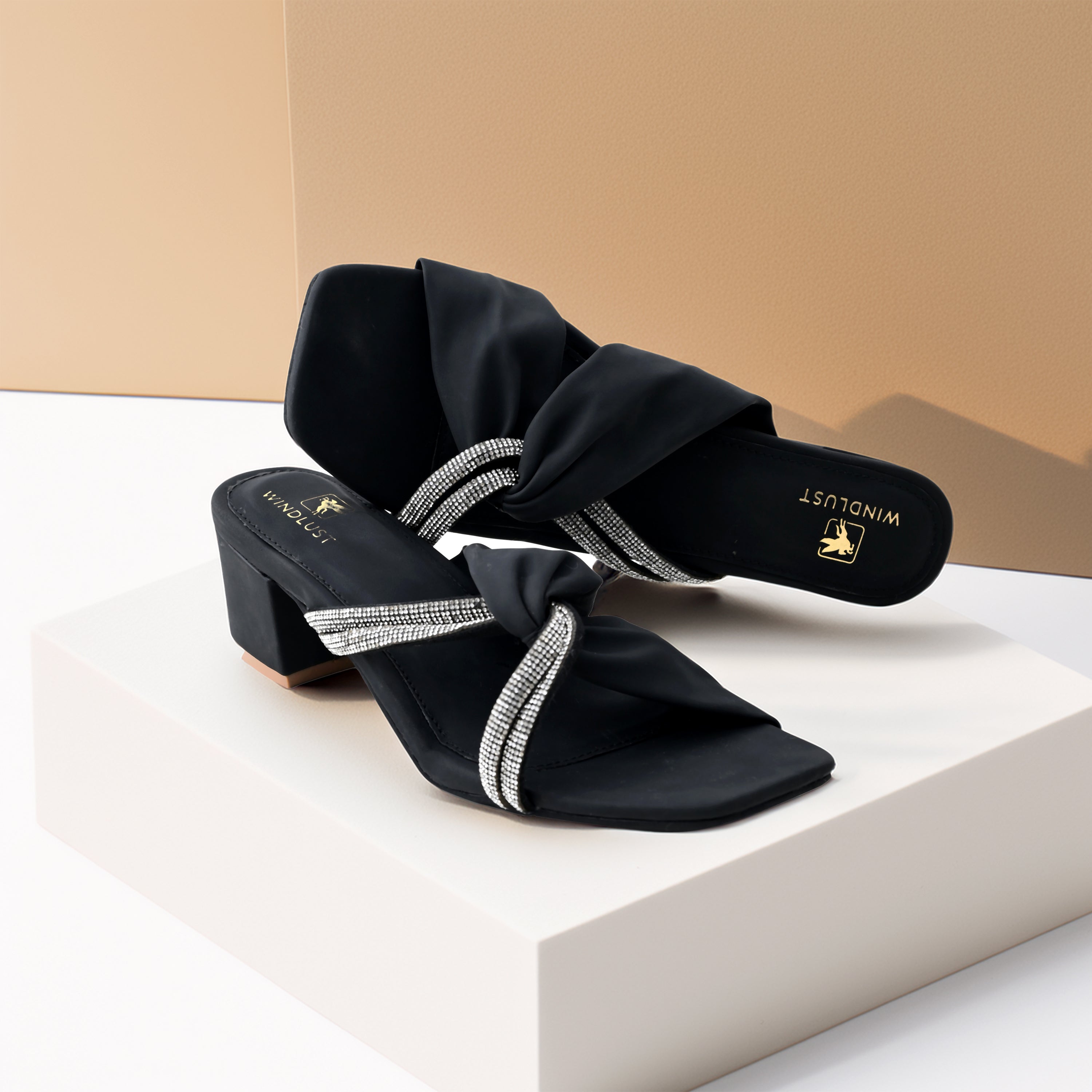 Interlocked Swarovski String Heels - Black - Windlust