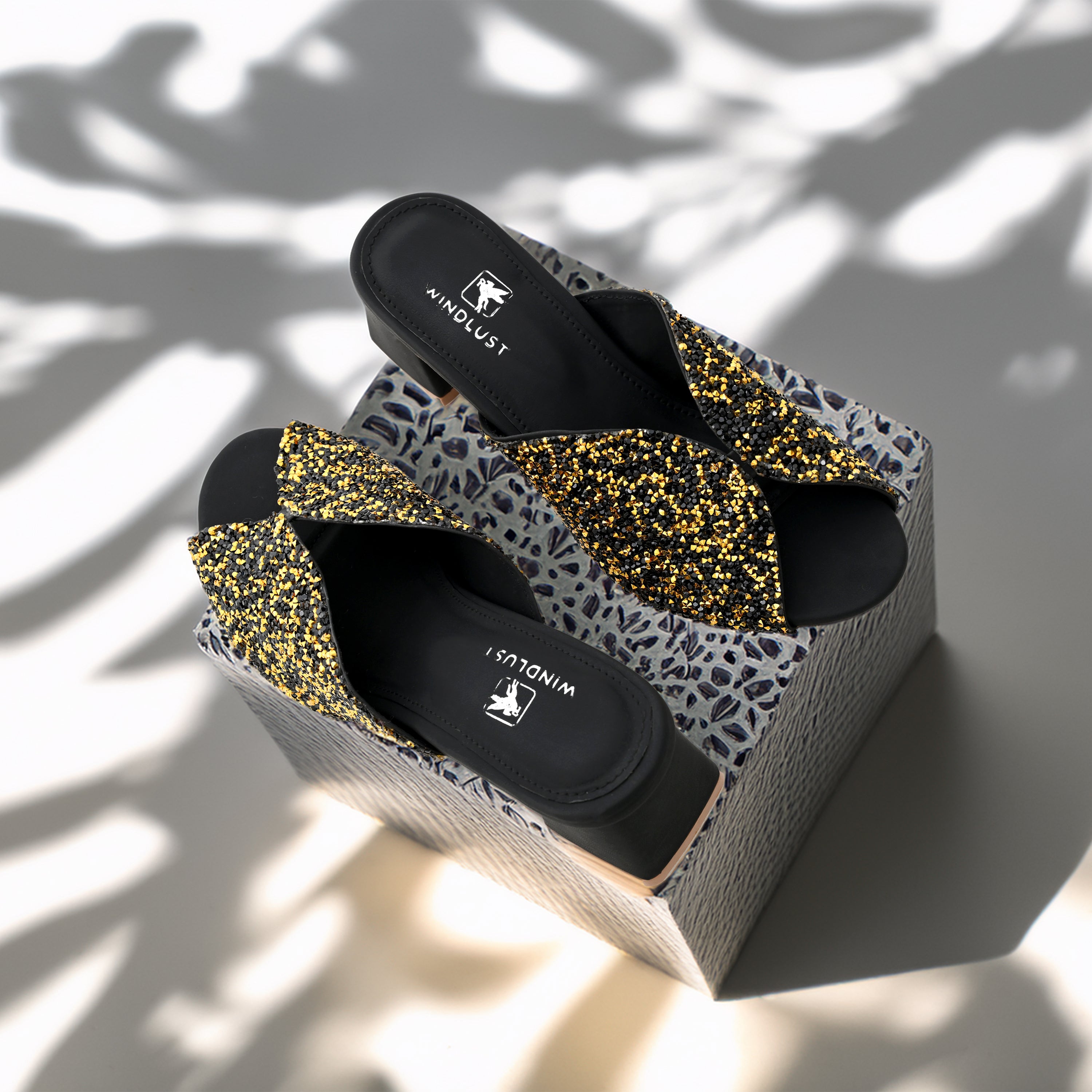Signature Swarovski Block Heels - Gold/Black - Windlust