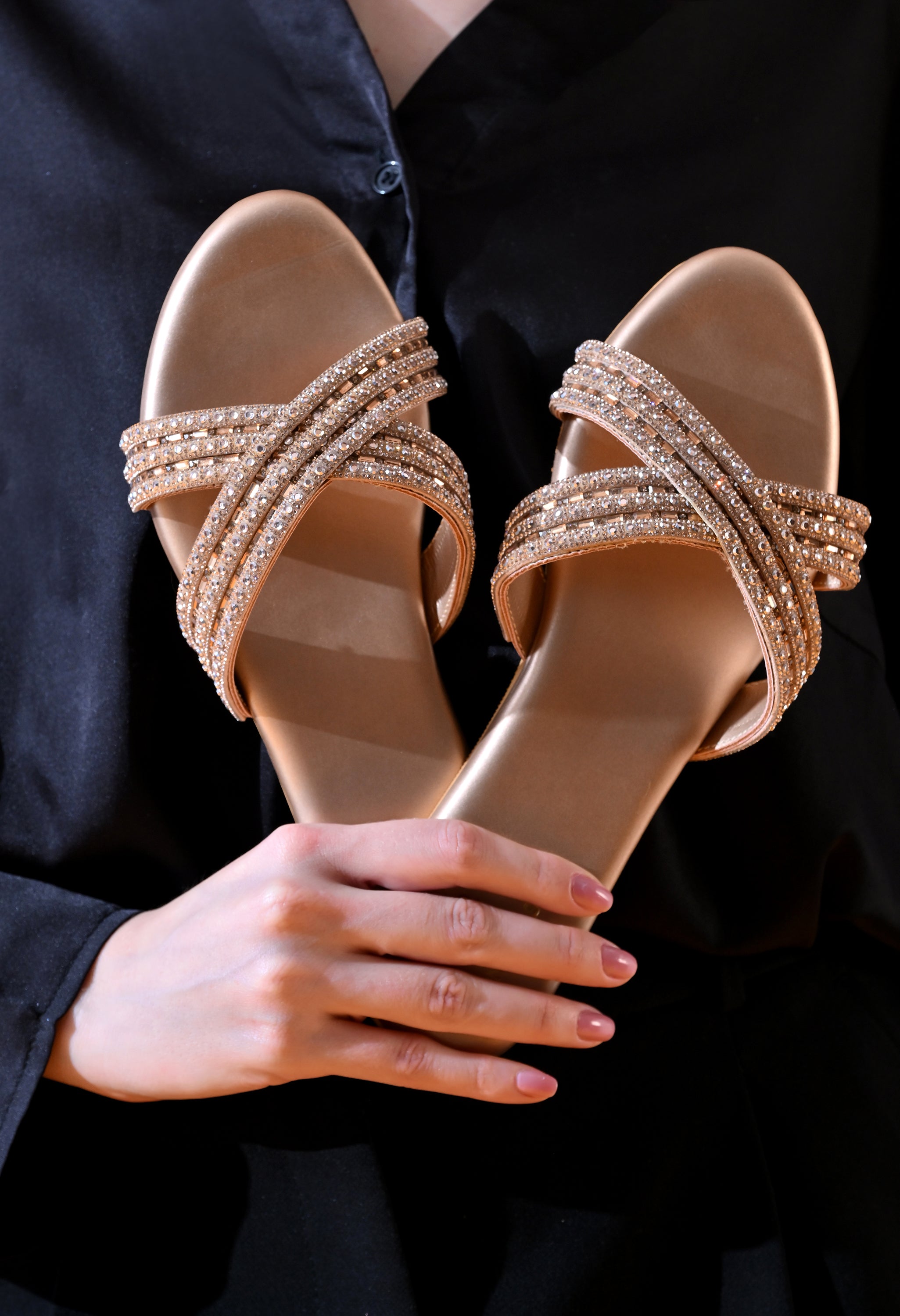 Windlust Crystal Weave Cross Flats in Champagne Glow with crystal embellishments and woven design, elegant and comfortable footwear.