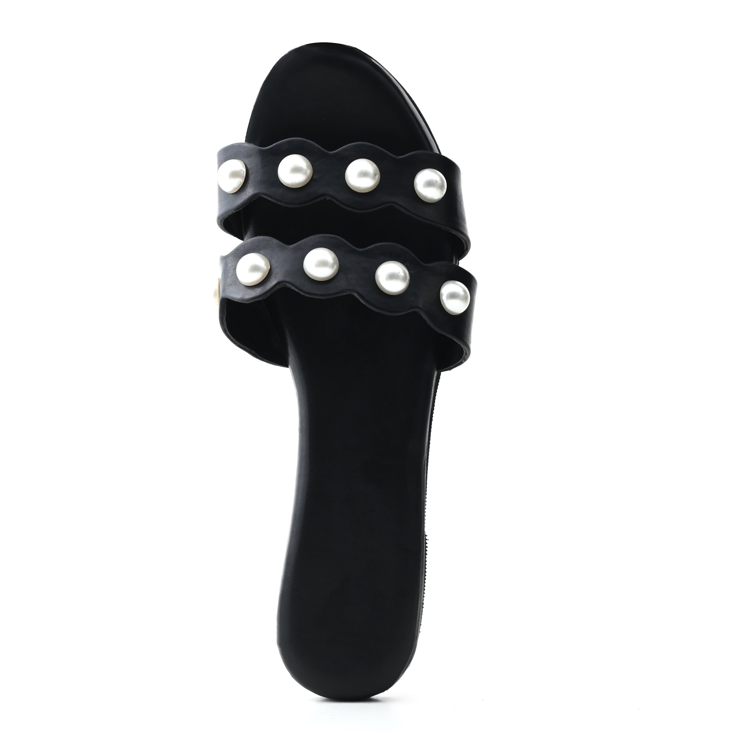 Jet black Windlust dual strap pearl flats with sleek design, featuring pearl accents and comfortable flat sole.