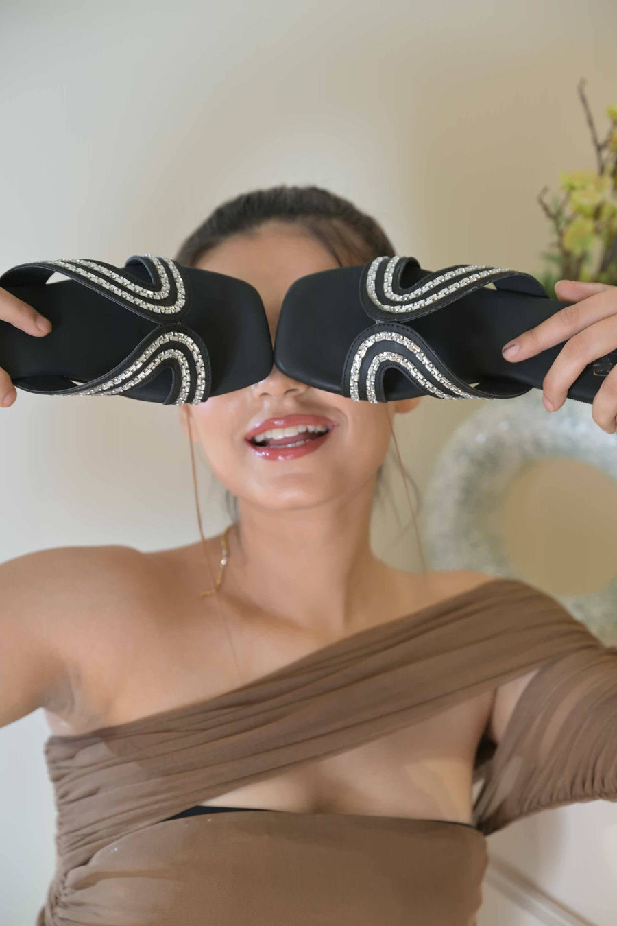 Matte black Swarovski-embellished flats by Windlust, stylish and comfortable footwear with sparkling crystal accents.