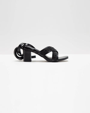 Cross Strapped Embellished Lace-Up Heels - Black