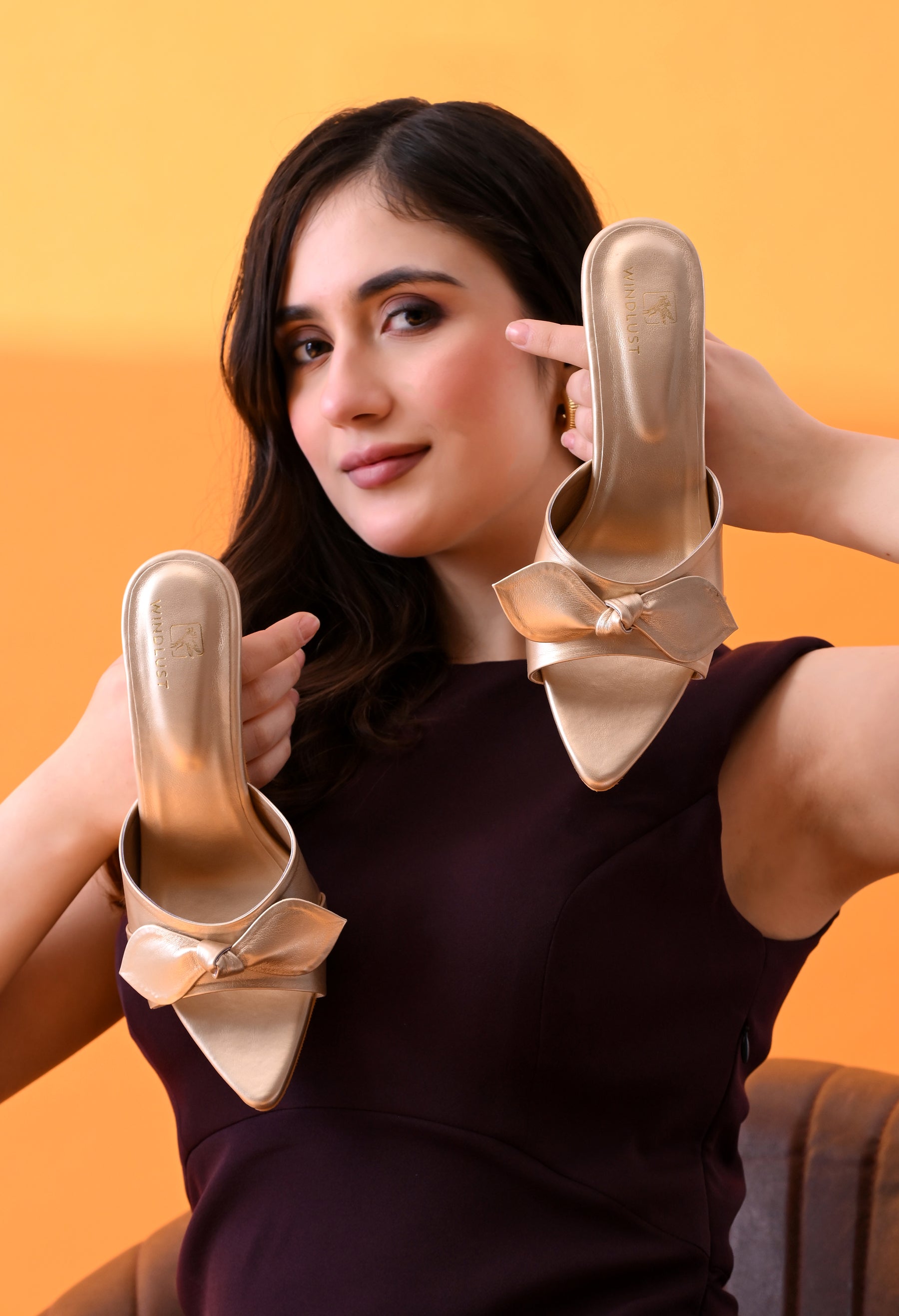Handmade Bow Kitten Heels - Aura Gold