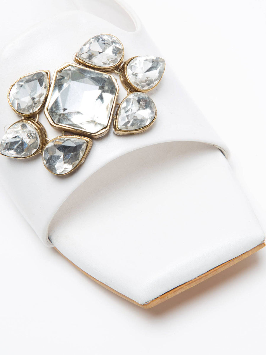 White Windlust Jewel Up Heels featuring a sleek design with sparkling embellishments and elegant heel height.