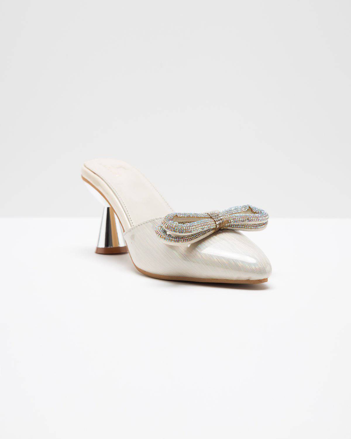 Metallic Cream Embellished Bow Heels - Windlust