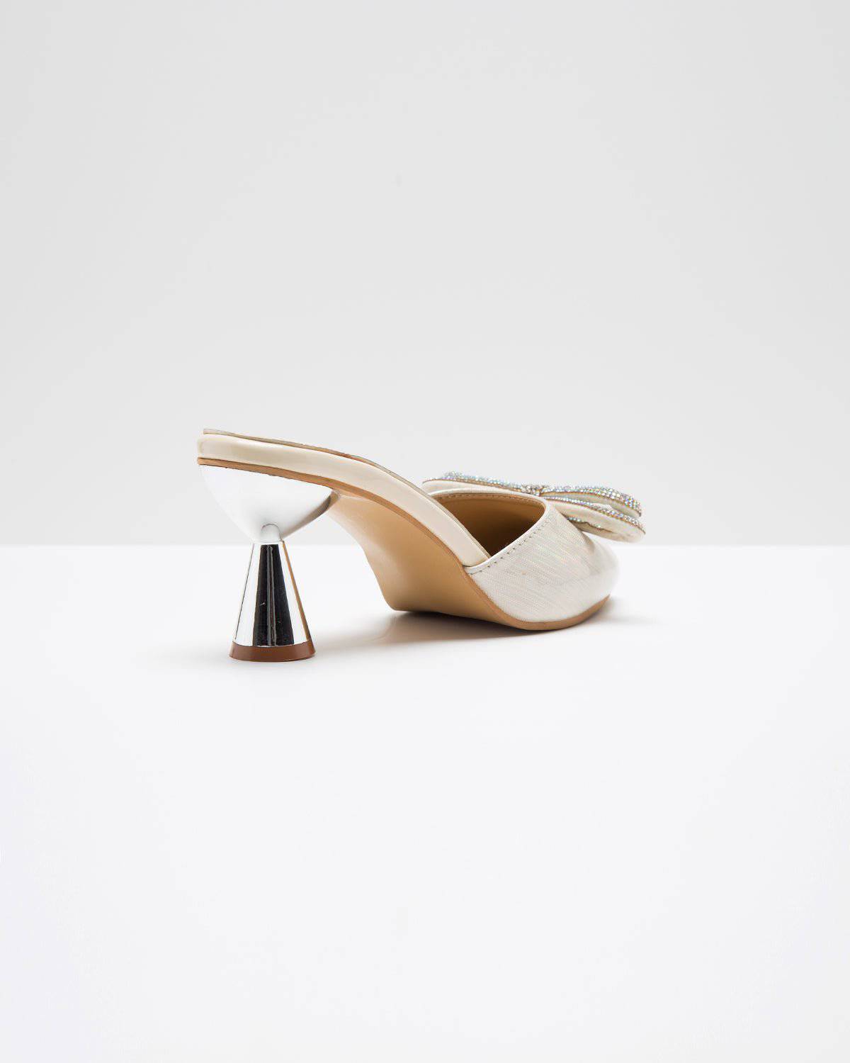 Metallic Cream Embellished Bow Heels - Windlust