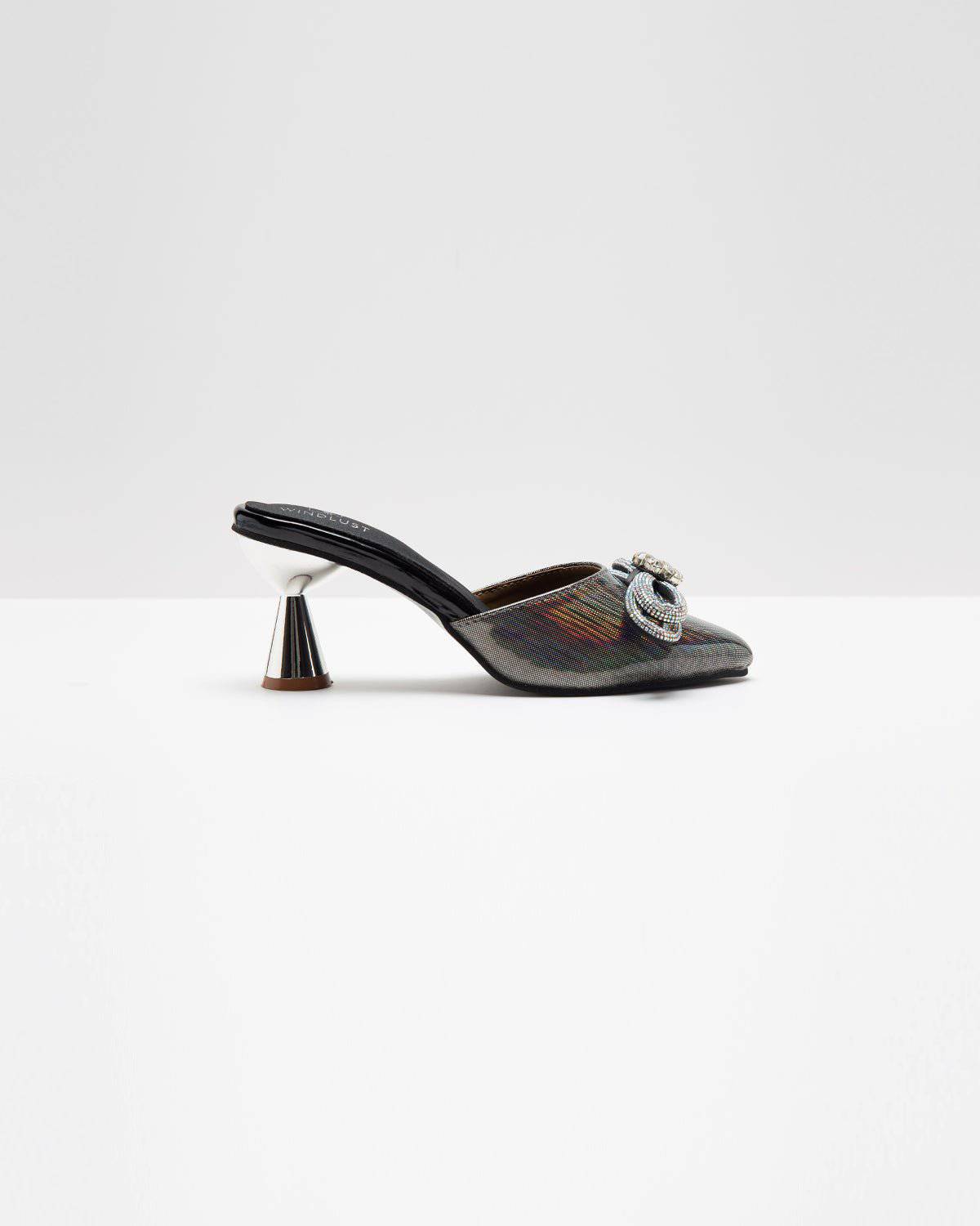 Metallic Grey Embellished Bow Heels - Windlust