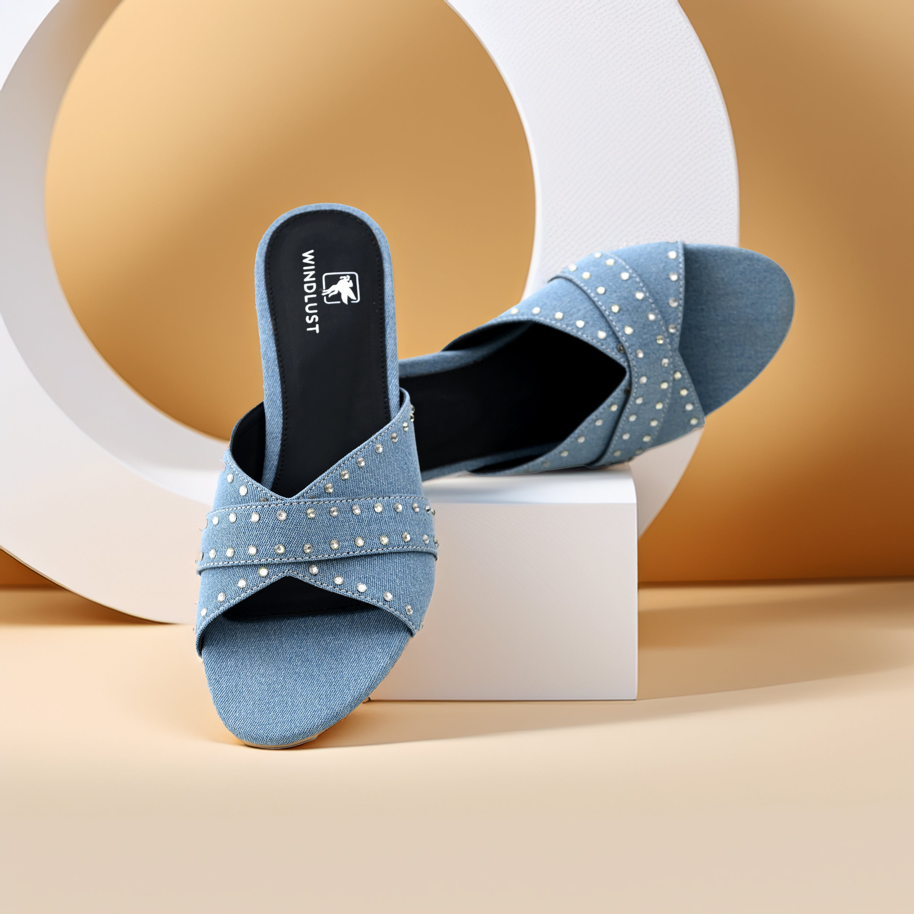 Windlust Swarovski Embellished Denim Heels in denim blue, stylish heels with sparkling Swarovski accents and comfortable design