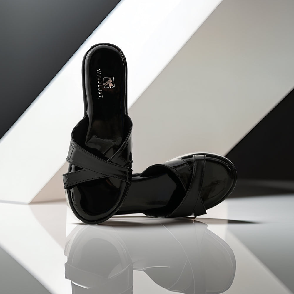 Glossy black Cross Strap Wedges by Windlust featuring stylish straps and a comfortable wedge heel.