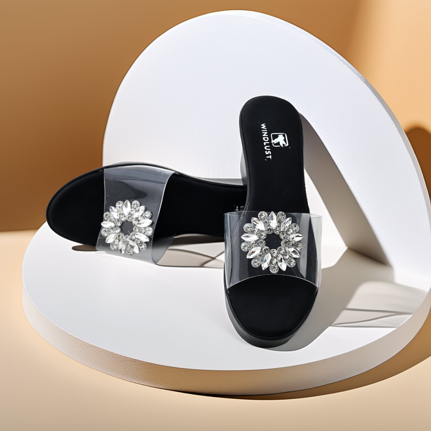 Swarovski-Embellished Clear Strap Wedges - Black