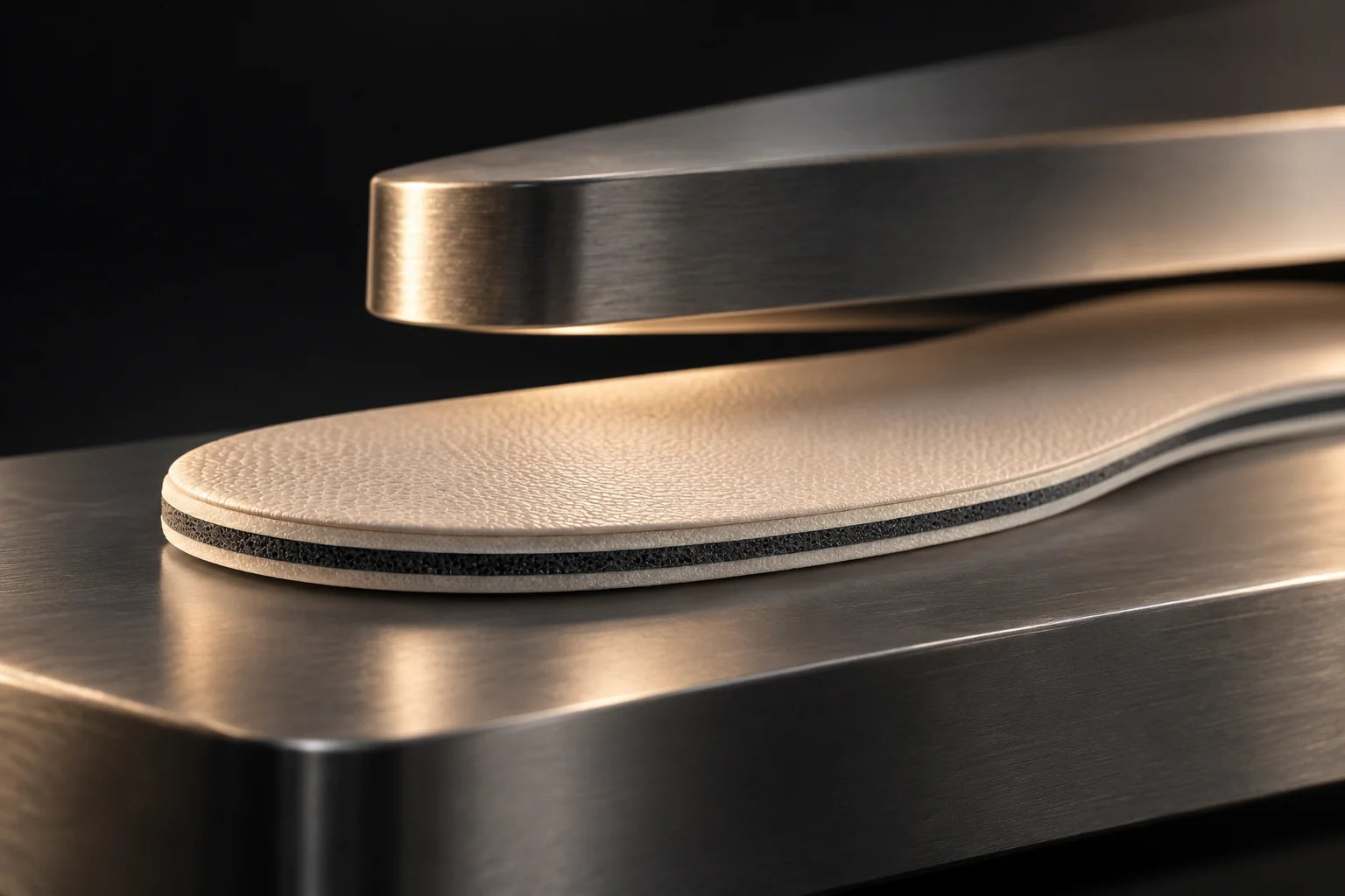 Conceptual illustration of a slim layered footbed beneath a precision press.