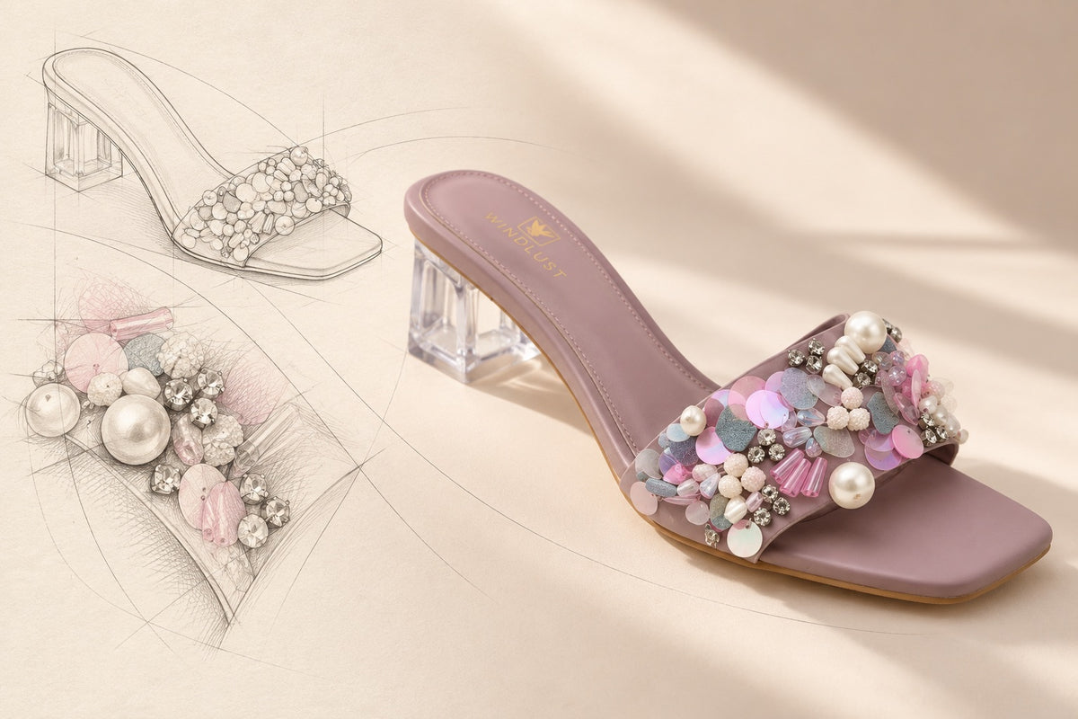 Windlust mauve hand-embellished heel shown in full beside an illustrative silhouette sketch and a study of its bead and crystal detailing.
