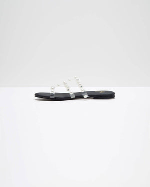 3 Strap Pearl Embellished Black Flats