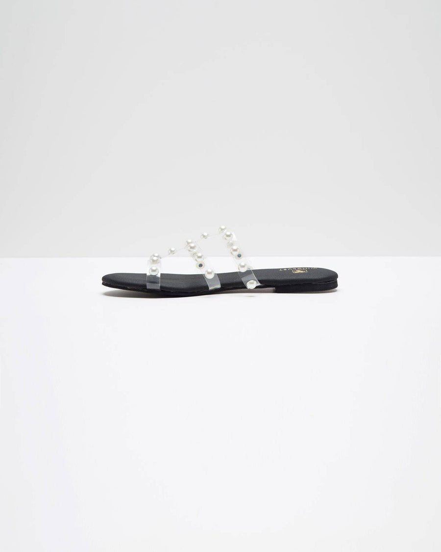 3 Strap Pearl Embellished Black Flats