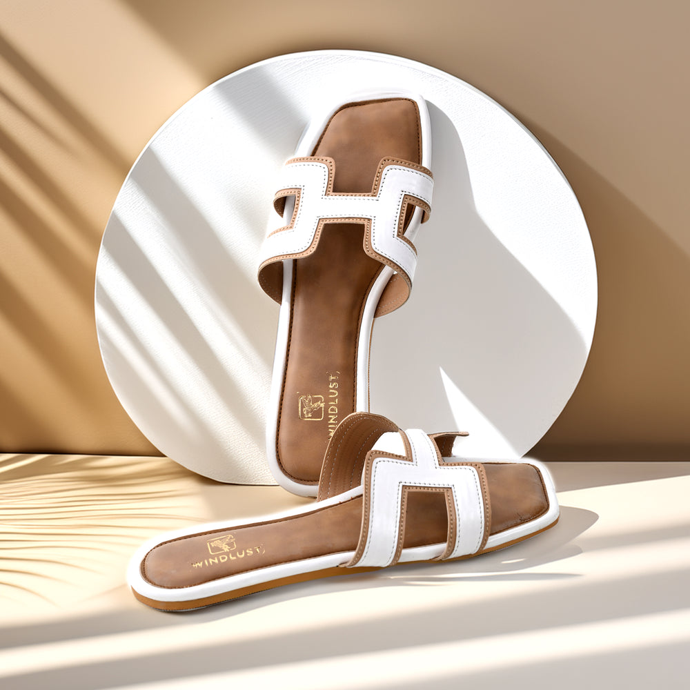 Windlust 4-Way Cut DuoTone Flats in beige and white, showcasing stylish slip-on flats with a unique multi-angled cut design.