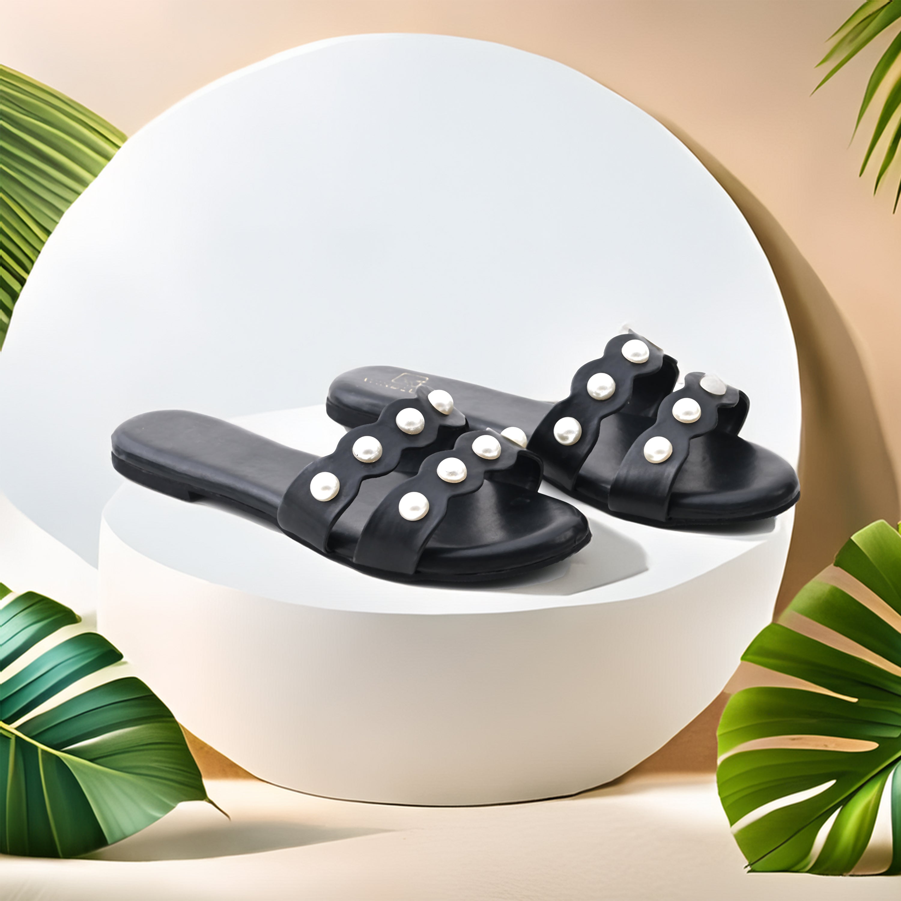 Windlust Jet Black dual strap pearl flats showing elegant black flats with pearl embellishments and dual strap design.