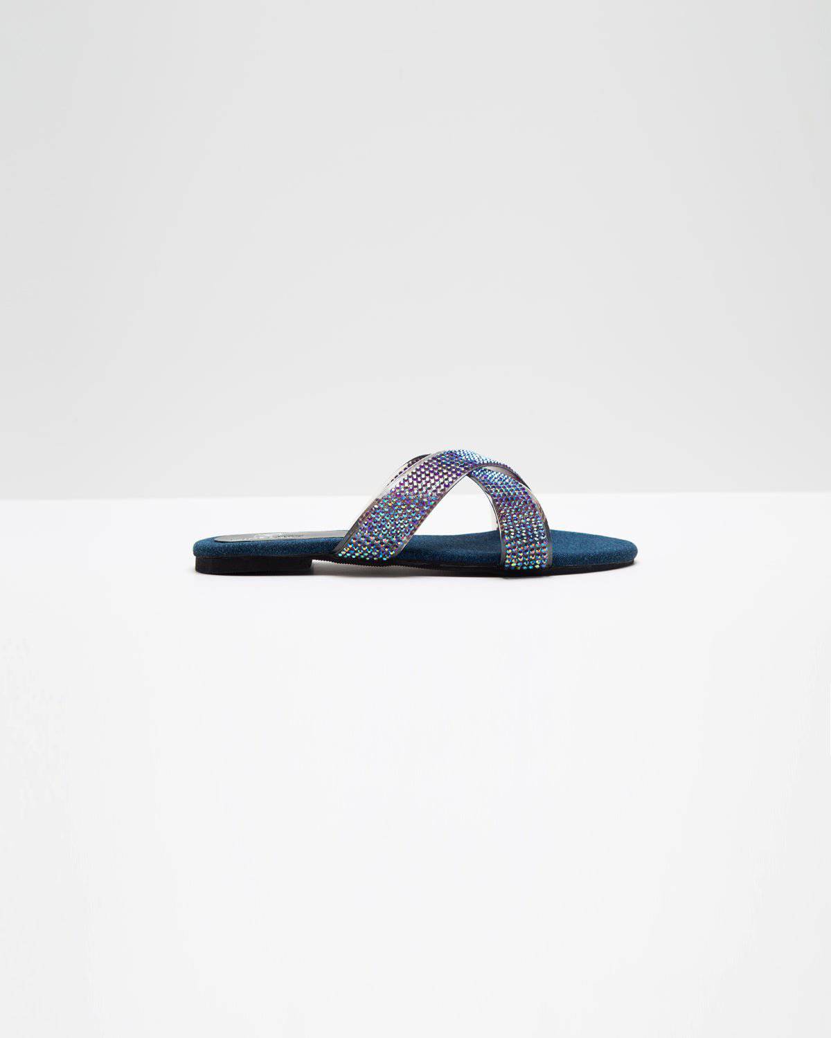 Swarovski Cross-Strapped Denim Flats (Blue) - Windlust