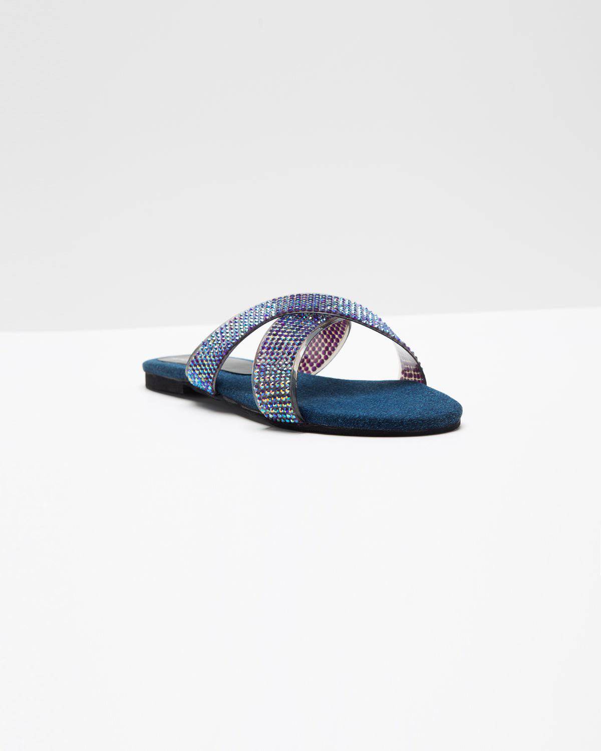 Swarovski Cross-Strapped Denim Flats (Blue) - Windlust