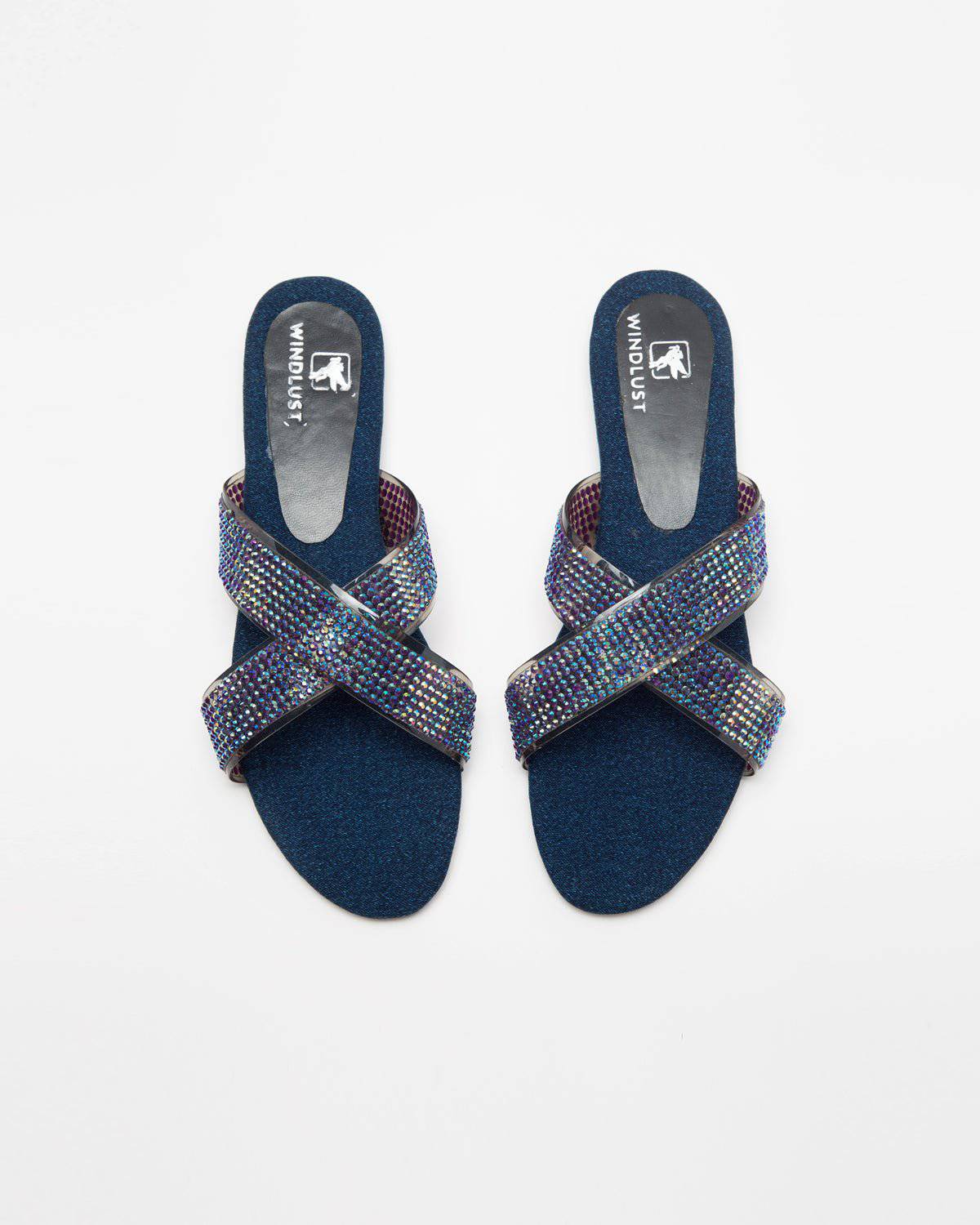 Swarovski Cross-Strapped Denim Flats (Blue) - Windlust