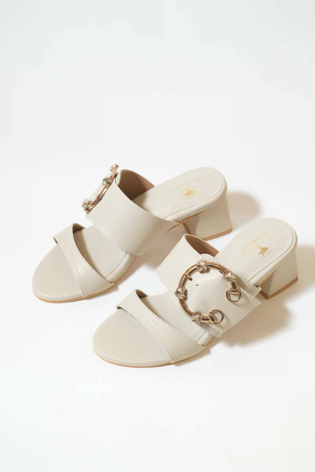 Nude Windlust 2-strap Swarovski stone buckle heels showing elegant design and sparkling embellishments on the straps.