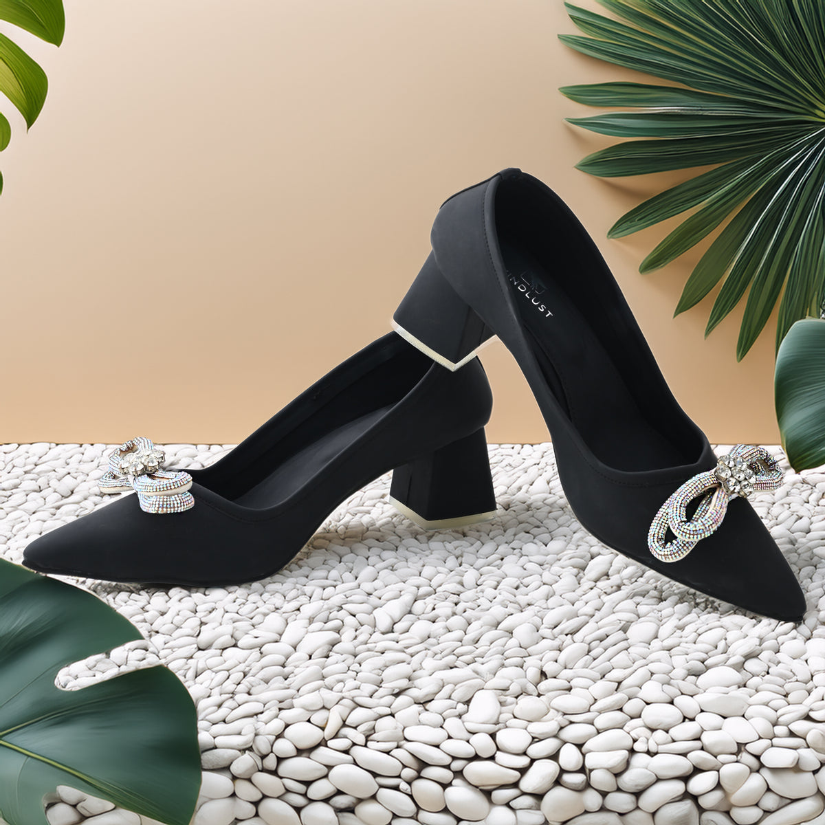 Bow Embellished Sleek Block Heels - Jet Black