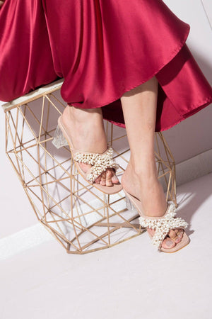Cross Strap Pearl Embellished Heels - Nude