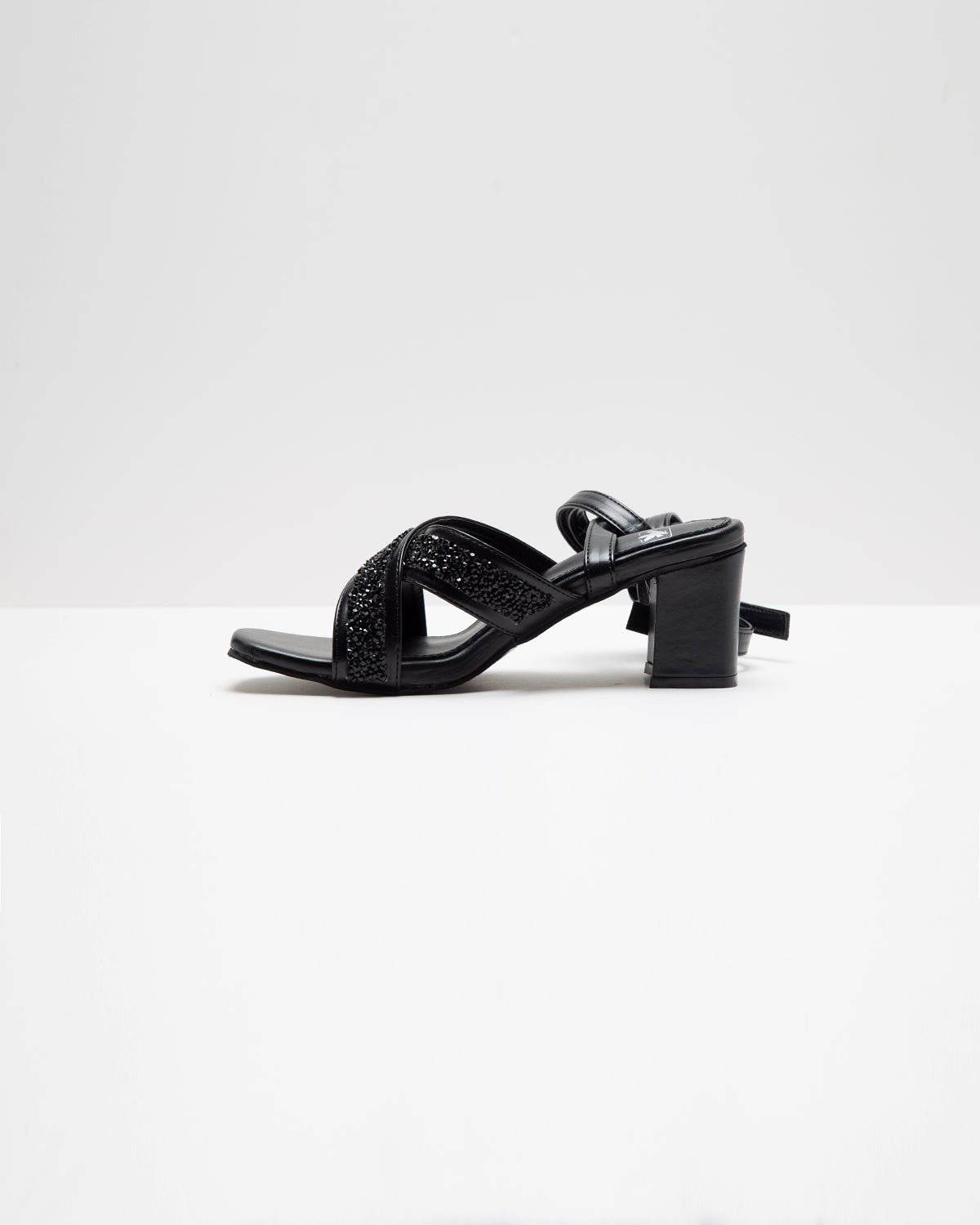 Cross Strapped Embellished Lace-Up Heels - Black - Windlust