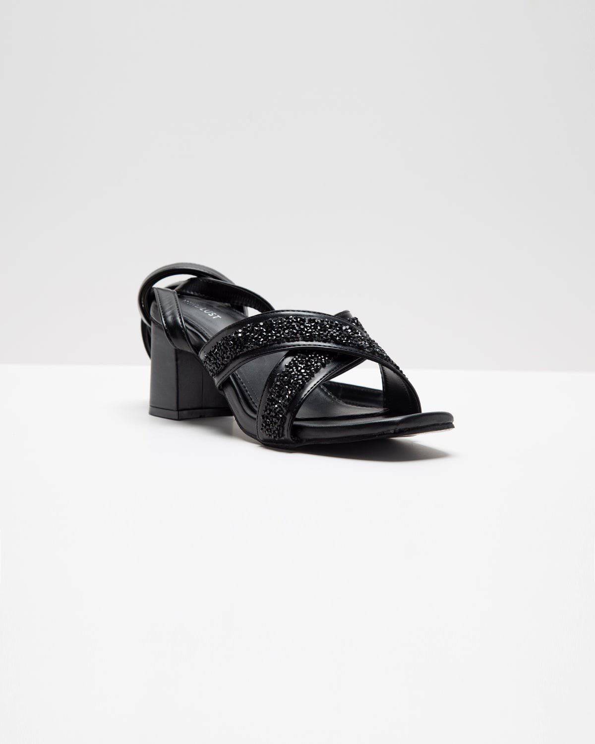 Cross Strapped Embellished Lace-Up Heels - Black - Windlust