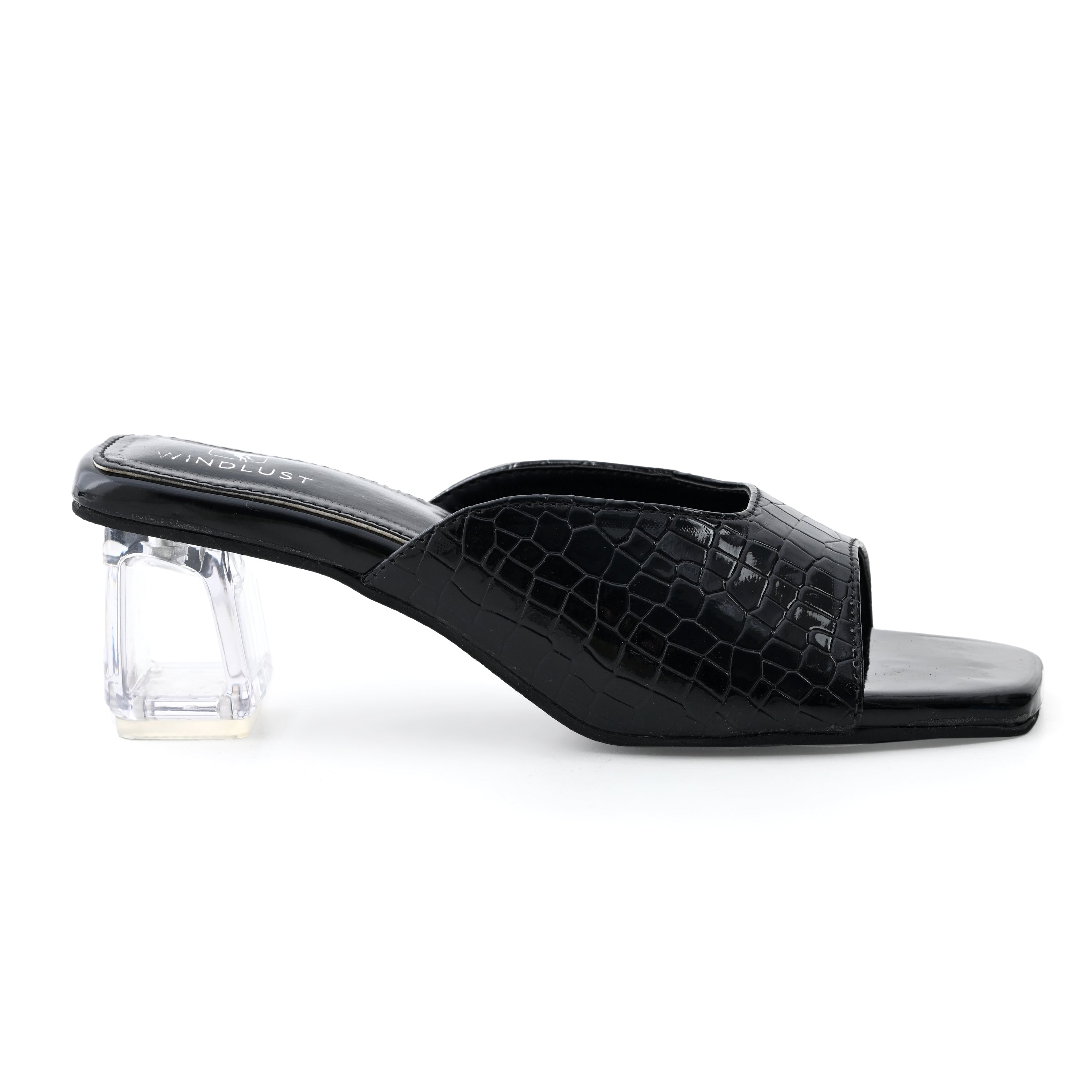 Glossy black Ergo Croc leather hallow heels by Windlust, stylish women's high-heeled shoes with textured finish.