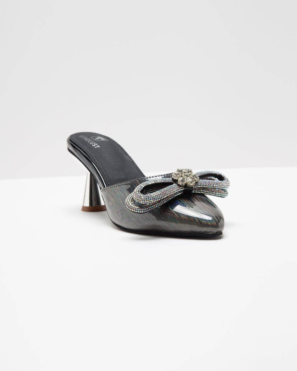 Metallic grey embellished bow heels by Windlust, stylish women's heels with decorative details and elegant design.