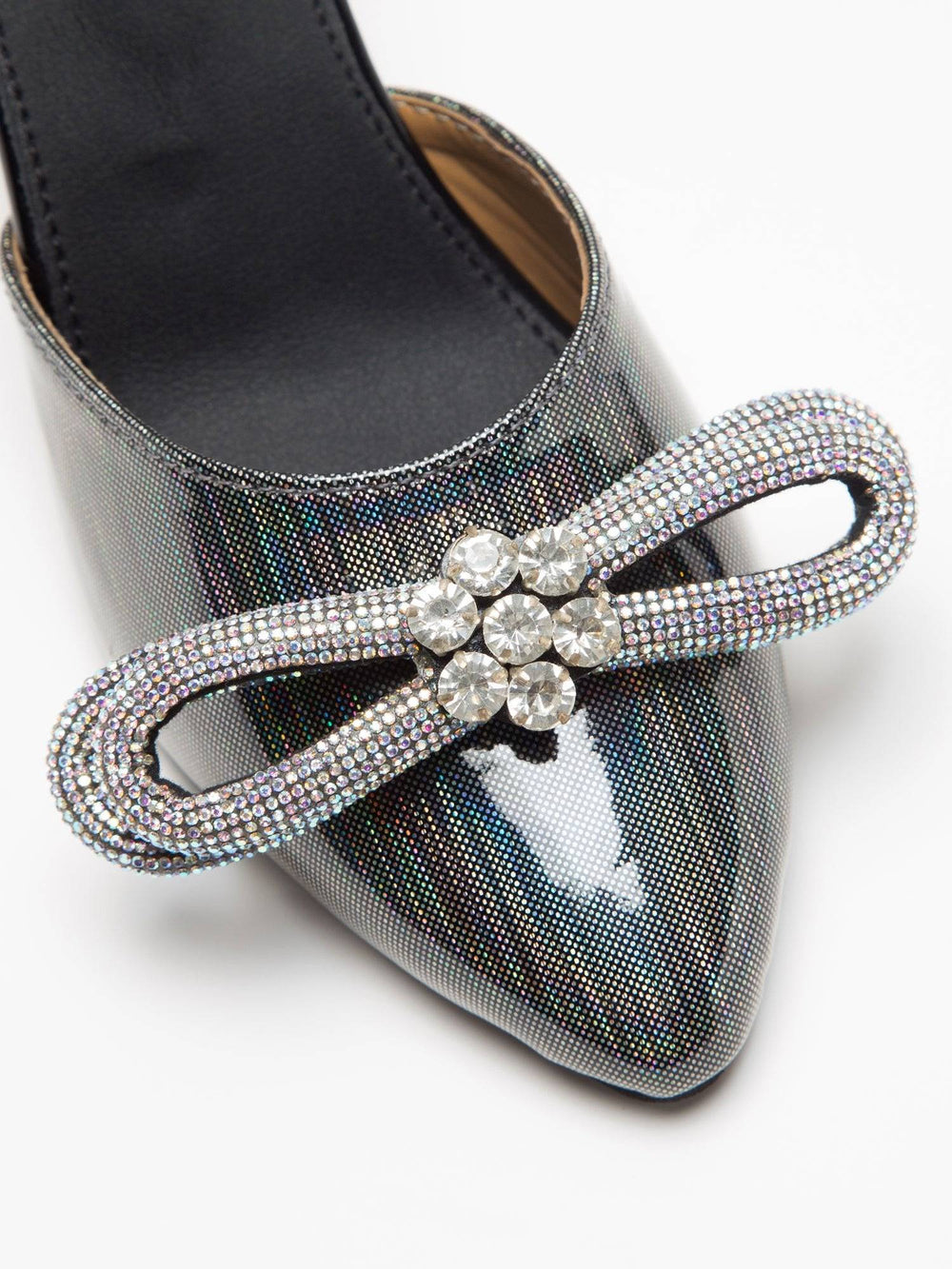 Metallic grey embellished bow heels from Windlust featuring a stylish design and elegant details.