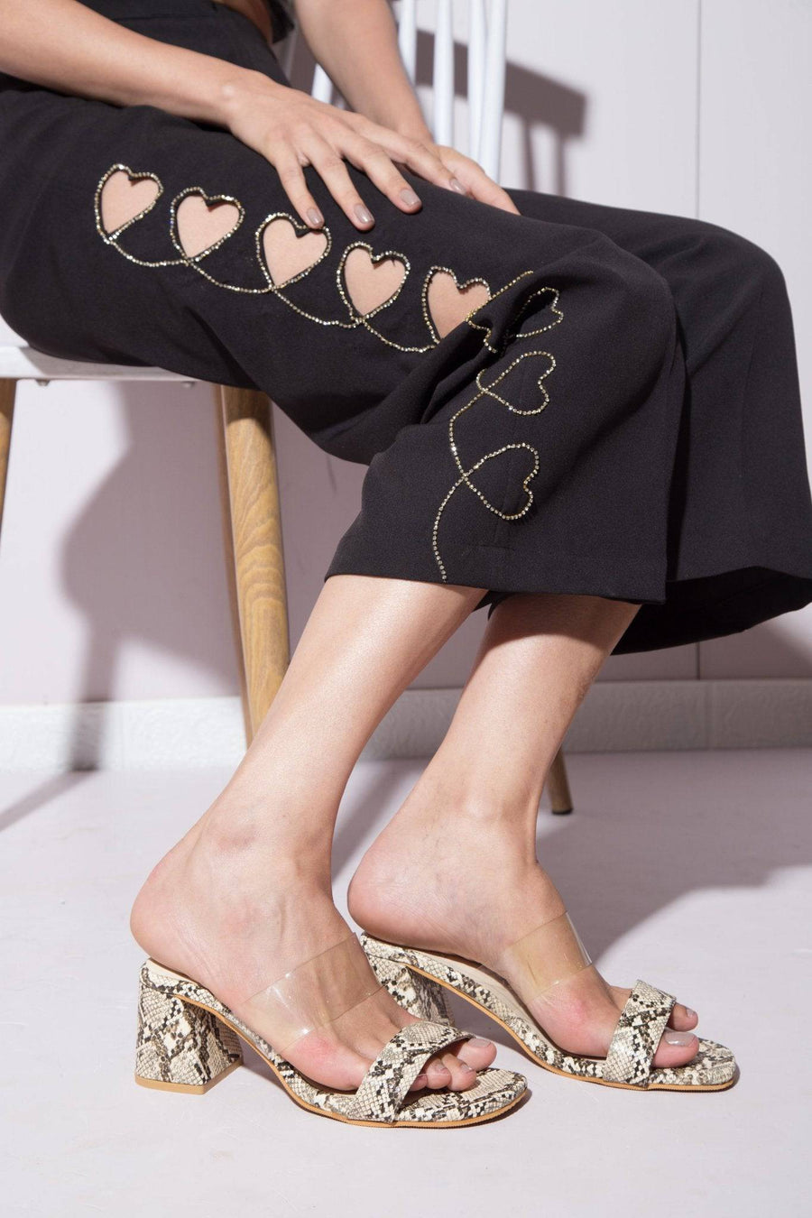 Light gold snake print 2-strap heels by Windlust, stylish and elegant women's footwear with a modern design.