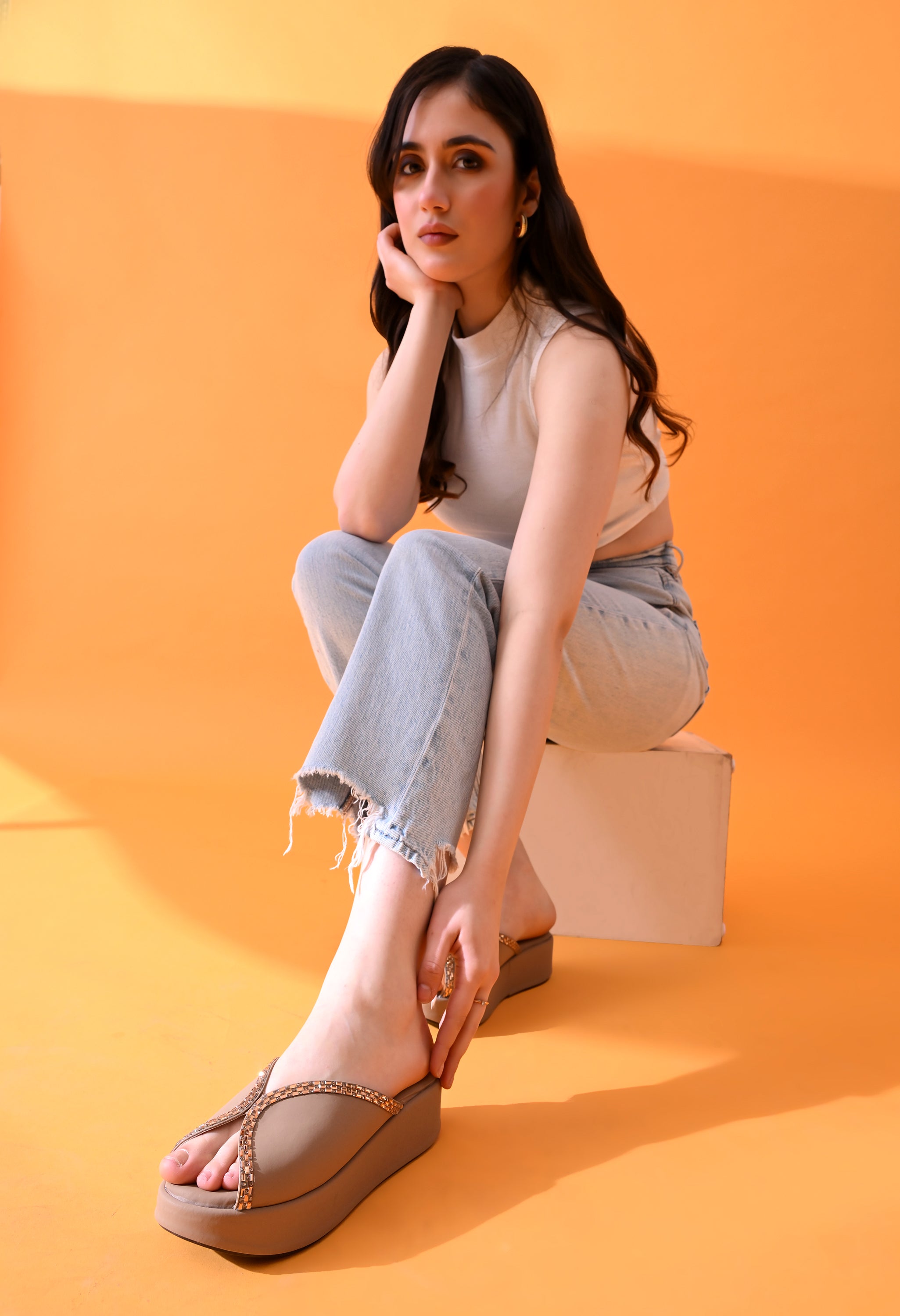Gold taupe Swarovski-embellished platform wedges by Windlust, stylish and elegant women's footwear with sparkling details.